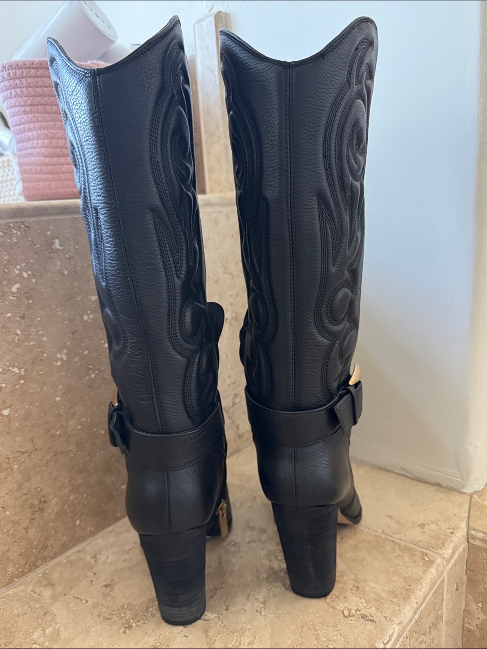 Vince Camuto Black Pointed-Toe Over-the-Knee Boots with Gold Buckle - Picture 4 of 6
